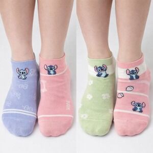 NEW 4 Pairs of Stitch-themed Graphic Ankle Socks In Blue, Pink & Green #0790